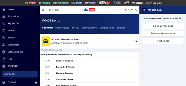 Screenshot Of Sky Bet Pre-Match Markets Page.